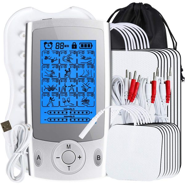 SPACEREST 24 Modes Rechargeable TENS Unit Muscle Stimulator for Pain Relief, Electronic Pulse Massager Tens Machine with 16 Electrode Pads Dual Channel Tens Unit