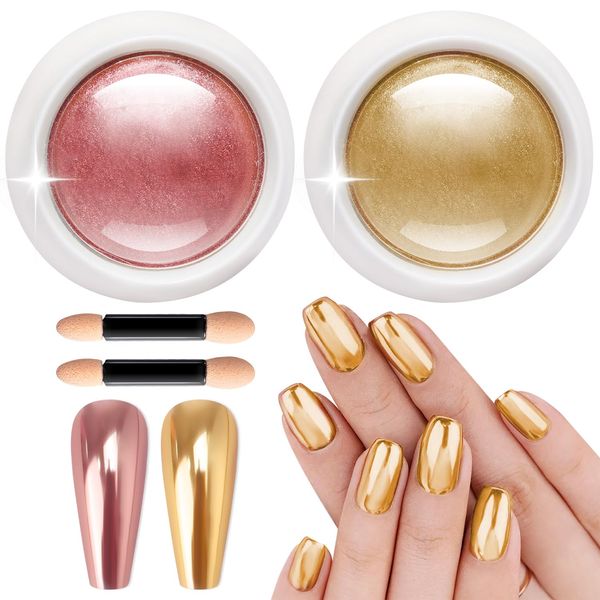 BISHENGYF Rose Gold Chrome Nail Powder【Long Lasting Nail Glitter】Champagne Chrome Powder for Nails Mirror Effect Nail Gold Metallic Pigment Powder, Pink Glazed Donut Nail Powder 2 Jars - Easy to Use