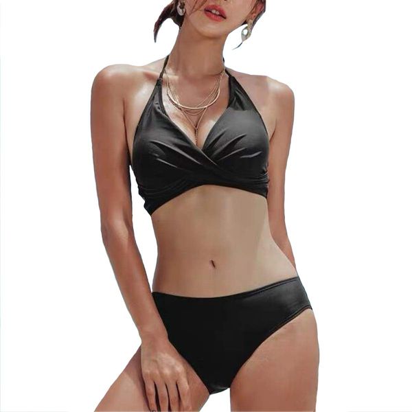 Mekaton Bikini Women's Swimsuit Holder Neck Body Cover Stylish Ruffle Putting Hot Spring Beach Top and Bottom Set, Black