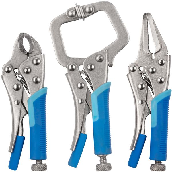 Jazooli Hand Tools - 3pc Mini Locking Pliers Set - 4" Curved, 5" Long Nose, 5" C Clamp Pliers - Heat Treated Carbon Steel, Adjustable Head Width, Quick Release Lever, Rubber Grip