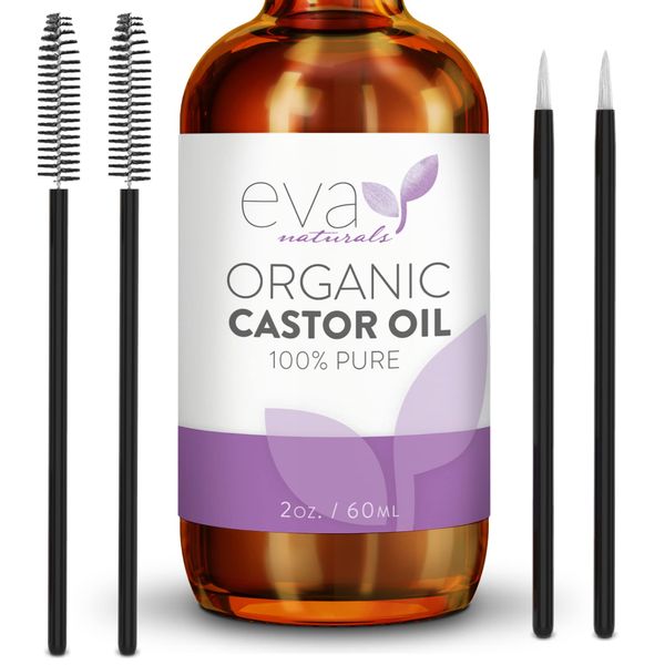 Eva Naturals Organic Castor Oil (60ml) - Promotes Hair, Eyebrow and Eyelash Growth - Diminishes Wrinkles and Signs of Aging - Hydrates and Nourishes Skin - 100% Pure - Cold Pressed, Premium Quality