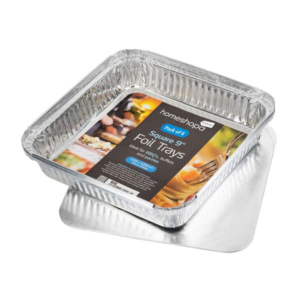 Homeshopa Aluminium Foil Trays with Lids, Disposable Tin Foil Containers, Best for Meal Prep, Food Storage, Baking, Broiling, Roasting, Disposable Food Containers, 9 X 9 Inch Square (6)