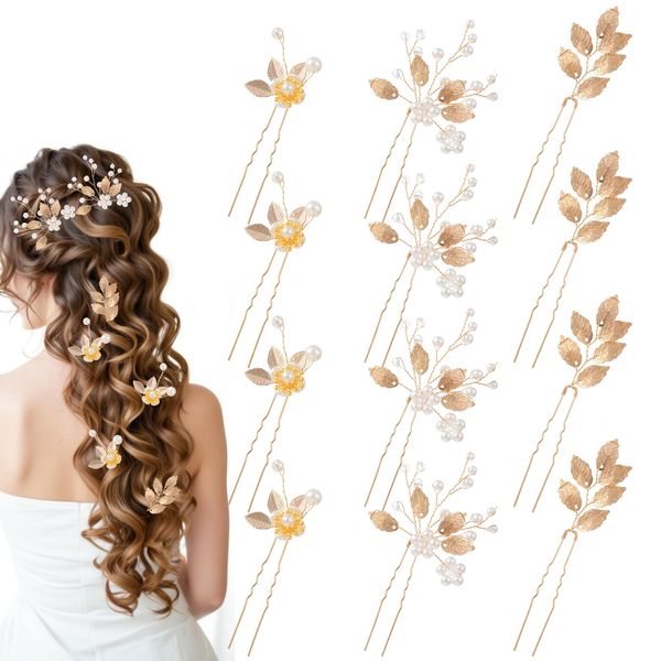 12 Pcs Wedding Prom Party Decorative Gold Leaf Bridal Hair Pins Pearl Wedding Hair Styling Pins Jewelry Formal Hair Accessories for Brides Bridesmaids Women Flower Girls（Gold）