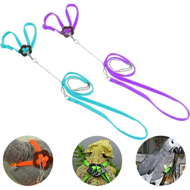 Bonaweite 2 Pack Adjustable Harness Leash, Pet Birds Nylon Anti-bite Training Hraness Outside Walk for Parrot African Grey Cockatoo Macaw Ringneck Parakeet Cockatiel Reptile Lizar