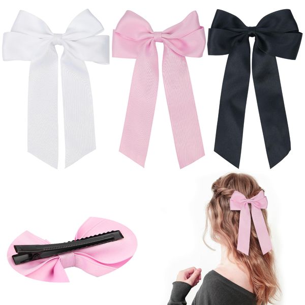 Mbsomnus 3pcs Hair Bows for Girls with Sectioning Hair Clips Bow Hair Clips Satin Ribbon Hair Accessories for Women Wedding Birthday Party - Black White Pink