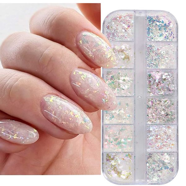 Holographic Iridescent Nail Art Nail Glitter KALEFUL Powder Aurora Foil Sequins Flakes Paillettes Designs Manicure Nail Decorations - 12 Grids