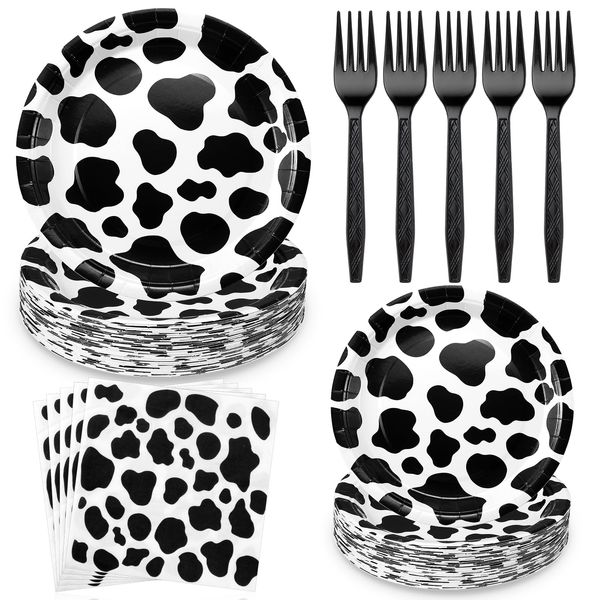 Layhit 160 Pcs Cow Print Birthday Party Supplies Includes Cow Paper Plates Party Tableware Napkins Disposable Plastic Forks Serves 40 Guests for Baby Shower Farm Animal Cow Birthday Party Decor