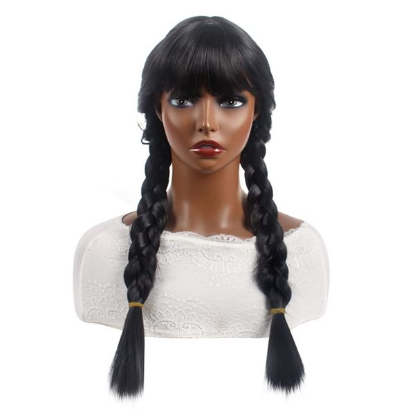 Braided Black Pigtail Wig With Bangs For Women Girls Long Straight Wig Halloween Costume Cosplay Hair Wig Caps (Black)