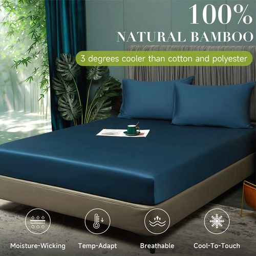 3 Pcs Cooling Fitted Sheet Queen Size Navy Blue, 100% Viscose Derived from Bamboo Bed Bottom Fitted Sheet Set with Elastic Deep Pocket, Summer Soft Breathable Silky Smooth Mattress Protector Cover