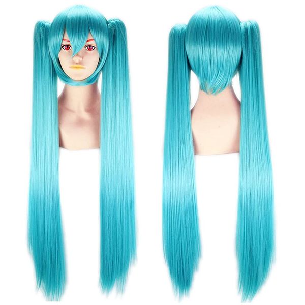 Double Ponytail Hatsune Miku Wig Anime Party Long Straight Wigs for Girl Lovely Synthetic Hatsune Miku Cosplay Wigs Lake Blue 100 cm/39 in