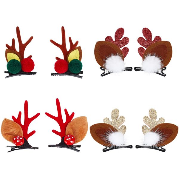 craspire 8 Stück Weihnachts-Haarspangen, 4 Stile, Rentier-Geweih-Ohren, Haarnadel, Bommel, Glöckchen, Niedliche Hirsch-Haarspangen, Damen-Haar-Accessoire, Kopfschmuck Für Weihnachten, Urlaub, Party