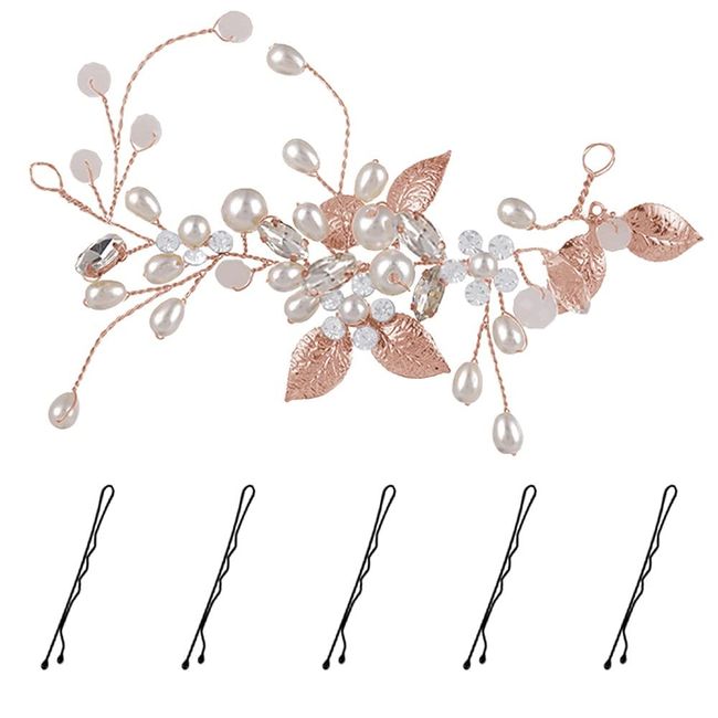 KINDOYO Bride Hair Headbands Accessories - Wedding Flower Headband Bridal Bridesmaid Hair Pieces Hair Clip Pearl Rhinestone Hair Vine for Women and Girls - Rose Gold