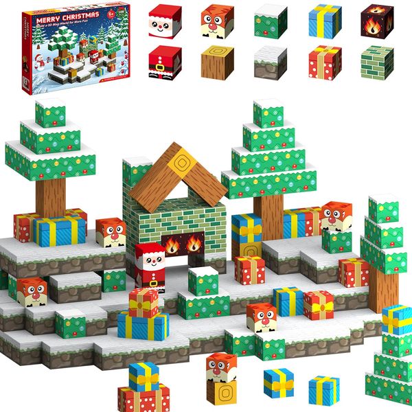 Magnetic Building Blocks, 108 Pieces Christmas Themes Magnet Cubes Block Set for Kids Ages 3-5, Toddler Construction Toy for Boys & Girls