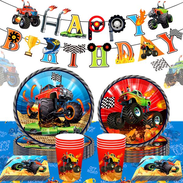 60 PCS Monster Trucks Birthday Decoration Monster Trucks Party Supplies Monster Trucks Party Plates and Napkins Monster Trucks Tablecloth Monster Trucks Birthday Banner