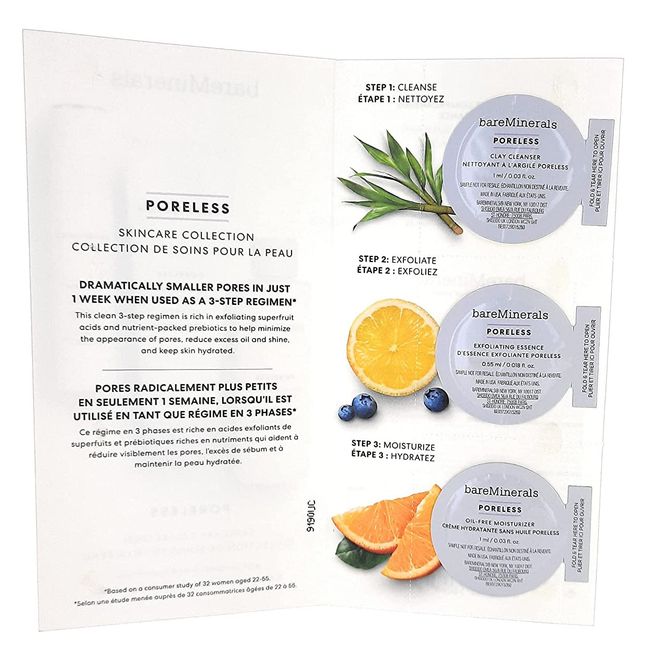 BAREMINERALS PORELESS SKINCARE SAMPLE SET - CLEANSER EXFOLIATE MOISTURIZER - NEW