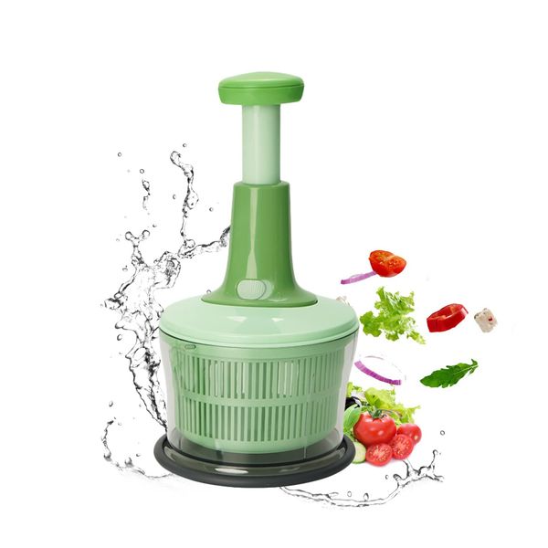 Salad Spinner and Chopper, Manual Vegetables Dryer Fruits Basket Washer Salad Drainer with Bowl Colander for Kitchen (Green)