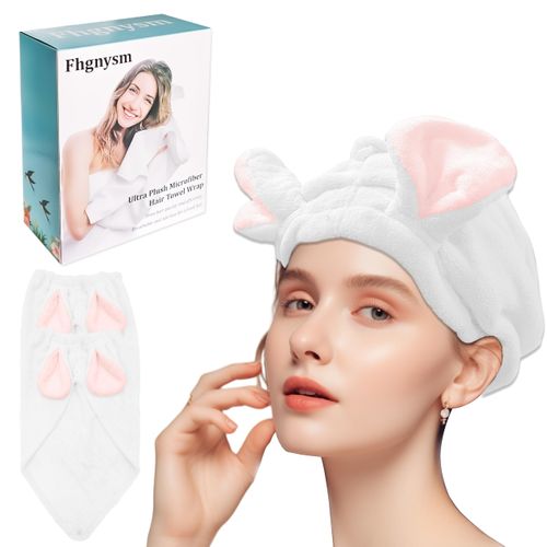 fhgnysm Microfiber Hair Towel, 2 Packs Hair Turbans for Wet Hair,Wrap Quick Dry Super Absorbent Turban Head Wrap for Curly, Long & Thick Hair Women with Button Anti Frizz(White)