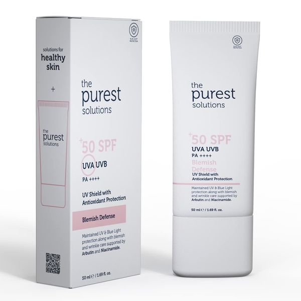 The Purest Solutions Blemish Defense (UV Shield with Antioxidant Protection SPF 50+) – 8h UVA Protection, Arbutin & Niacinamide for Skin Tone Harmonization and Moisturizers - Blemished Skin Type - Vegan | Cruelty Free | Eco Friendly (1.69 fl. oz)