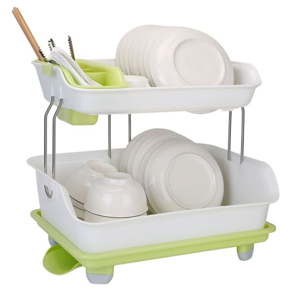 2-Tier Dish Drying Rack & Cutlery Drainer. Kitchen Organizer with Shelf & Storage. - White