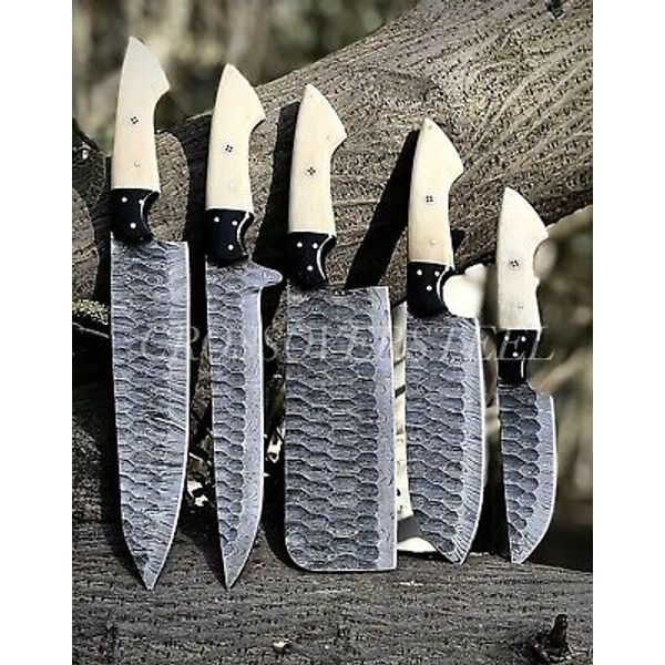 5 Knife Set Chef Kitchen Damascus Knives custom Handmade cleaver Blade Boning