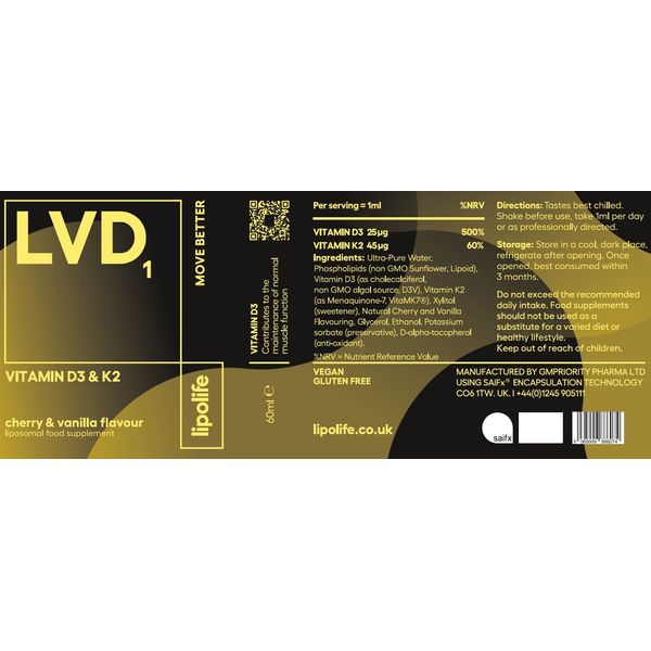 LVD1 - Liposomal Vegan Vitamin D3 and Vitamin K2 - Cherry & Vanilla Flavour 60ml - lipolife