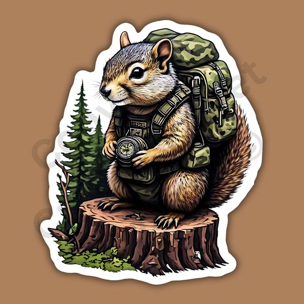Cammo Gear Squirrel Backpack Compass Tactical Funny 3" Vinyl Sticker