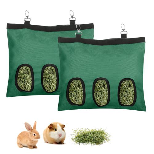 2 Pcs Rabbit Hay Feeder,Guinea Pig Hay Feeder,13×10.8 Inch Guinea Pig Bag,Small Animal Feeding Bag for Rabbits, Hamsters, Hedgehogs(3 Holes,Green)