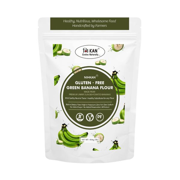 NIHKAN Gluten Free Green Banana Flour (Plantain Flour) - All Purpose Flour for Baking I Sugar Free & Low GI | Vegan Flour & Paleo friendly | Source of Resistant Starch & High Fibre - 454 gm (1lb)