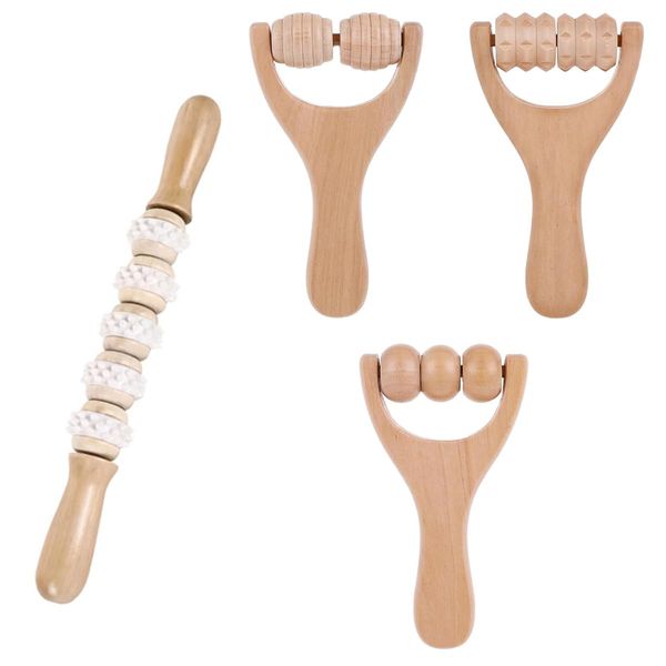 Hazrcvr 4 Stück Massageroller Holz, Holz Massageroller, Faszienrolle Holz, Rückenmuskel-Roller, Faszienstab Holz, Massageroller mit Griff, zur Entspannung von Rücken, Bein, Händen,Ganzkörpermuskulatur