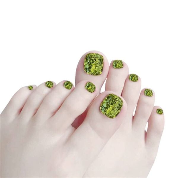 YONAIL 24 pcs Green Glitter False Toe Nails Full Cover Acrylic Fake Toenails with Short Glue Design Press On Toenails for Women and Girls Artificial Fake Feet Nails Glue On Toe Nails