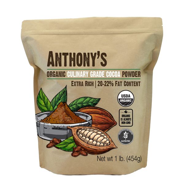 Anthony's Organic Culinary Grade Cocoa Powder, 1 lb, Dutch Processed Baking Cocoa, Gluten Free, Non GMO, Keto Friendly