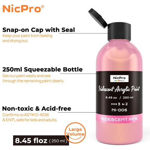 Nicpro Iridescent Pink Acrylic Paint, 8.45oz / 250ml Large Bottle Pink Metallic Acrylic Paint, Color Shifting & Non-Toxic Art Painting Supplies For Craft Canvas Fabric Rock Wood Ceramic Metal