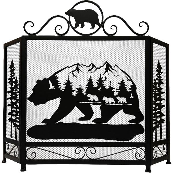 3-Panel Fireplace Screen Decorative with Rustic Bear and Mountain Scenery Design