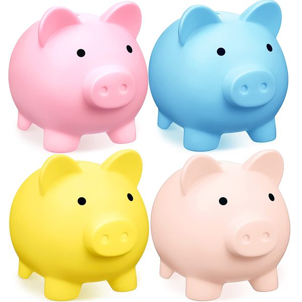 4 Pieces Large Piggy Bank Plastic Pig Money Bank Kids Cute Piggy Bank Coin Bank for Girls and Boys Saving Money Box Children's Gifts for Birthday Christmas Baby Shower