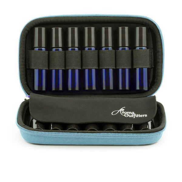 Aroma Outfitters Essential Oil Carrying Case. Premium Storage Protection & Organizer for Roller Bottles. Carry Case Protects up to 14 Roller Balls and Sample Drams - Perfect for Travel (Blue)