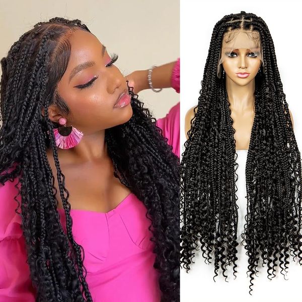 sedittyhair Braided Wigs for Black Women Full Lace Knotless Box Braided Wig Wavy Wave Loc Wig Synthetic Lace Front Braided Wigs with Baby Hair Handmade Faux Locs Wig