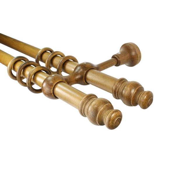 Gardinenstangen 2-läufig Holz Farbe Eiche rustikal mit 28 mm Durchmesser, 220 cm mittig geteilt