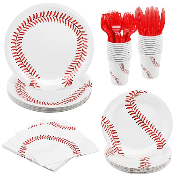 Baseball Party Supplies Baseball Dinnerware Kit for 24 Guests Baseball Themed Party Decorations Disposable Baseball Paper Plates Napkins Cups Forks and Knives for Baseball Birthday Party Supplies