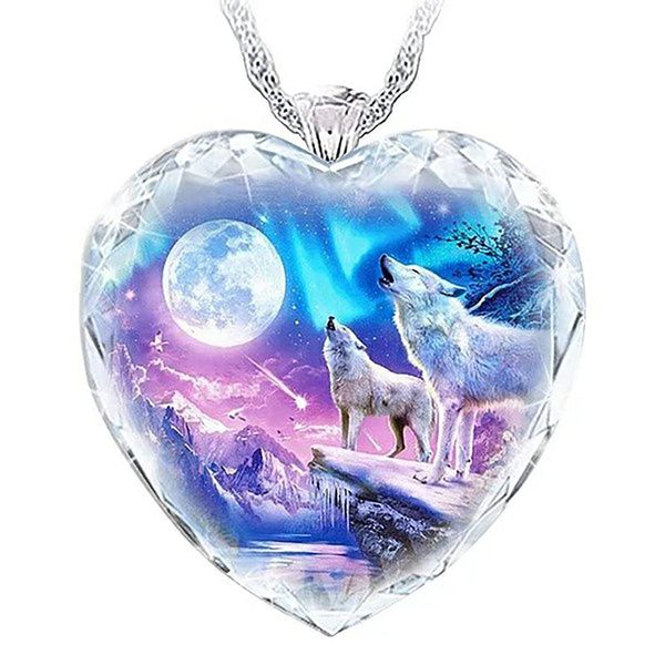 Yixikejiyouxian 925 Pure Silver Crystal Sparkle Gem Necklace Wolf Pendant Elegant Jewelry Snow Wolf Moon Heart Necklace Gift Couple Gifts - Crystal