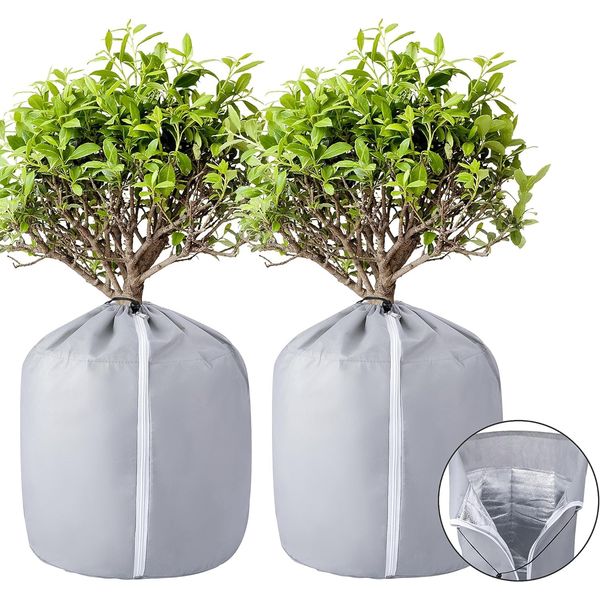 GIONAR 2PCS Plant Winter Protection Pot -40x35cm Flower Pot Protection Bag - Anti-Frost Winter Pot Plant Cover with Drawstring and Zipper for Winter Outdoor Fruit Trees Potted Plants Shrubs