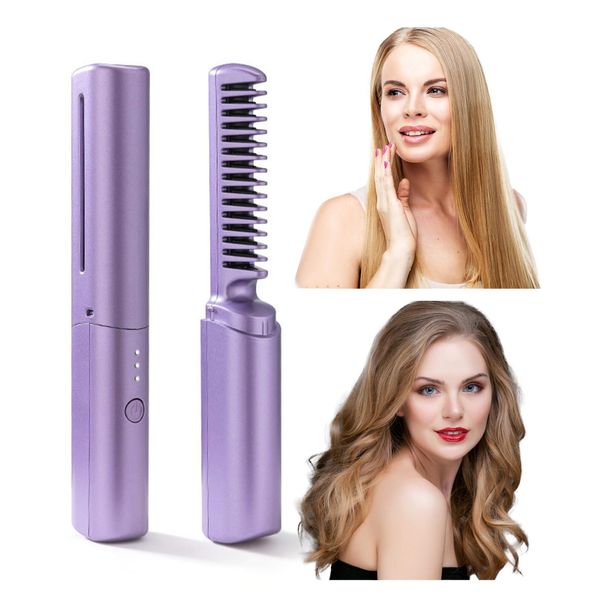 Cordless Hair Straightener for Women Girls, Portable Hair Straightening Ceramic Iron Multiple Plates Teeth Rechargeable Fast Heating Straightener Comb with U-Shaped Anti-Scald Frame (Purple)