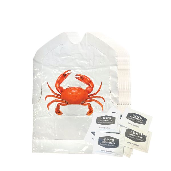 Disposable Crab Bibs for Adults with Wet Wipe Moist Towelettes, 50 Pc. Set (25 Bibs & 25 Wipes), Clean Cover Up for Seafood, Lobster, and Seafood Boils, Fun Home Dinner Party Accessory, White and Red