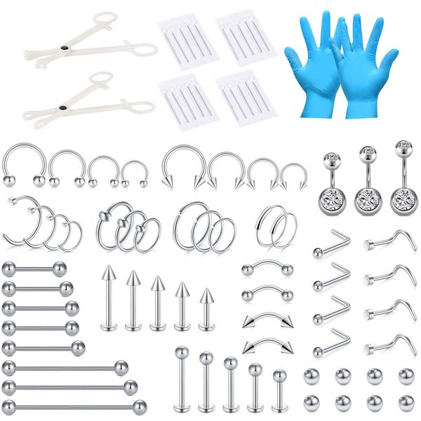 NIUSIMAN 75PCS Mixed-size Piercing Kits for All Piercings,Stainless Steel Piercing Kit 14G 16G 18G 20G Piecing Needles for Ear Cartilage Tragus Nose Septum Lip Nipple Piercing Tools