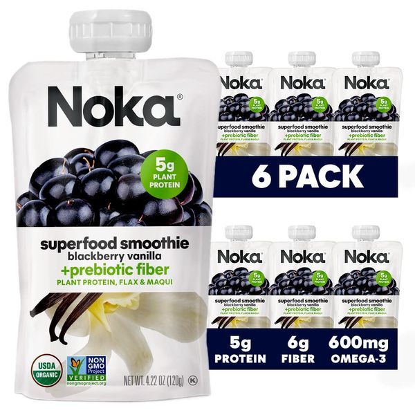 Noka Superfood Fruit Smoothie Pouches, Blackberry Vanilla, Healthy Snacks with Flax Seed, Plant Protein and Prebiotic Fiber, Vegan and Gluten Free Snacks, Organic Squeeze Pouch, 4.22 oz, 6 Count