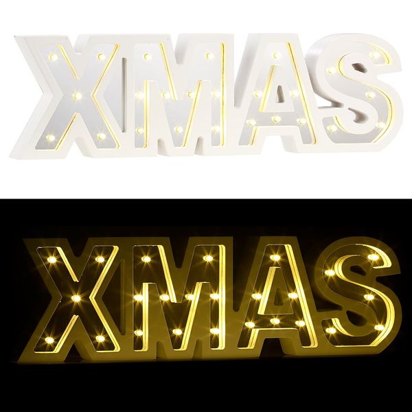 Lunartec Fensterdeko: LED-Schriftzug Xmas aus Holz & Spiegeln mit Timer & Batteriebetrieb (Xmas Schriftzug beleuchtet, Buchstabendeko, Leuchtbuchstaben)