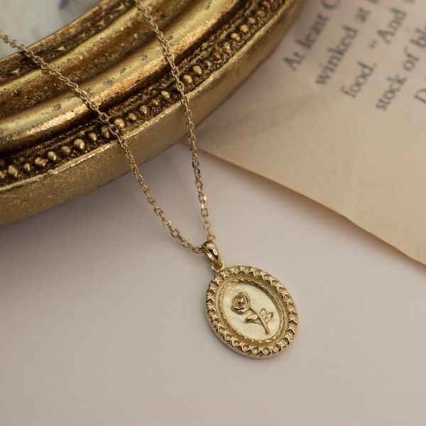 925 silver 2colors rose flower single antique coin long necklace 14K gold plated moody