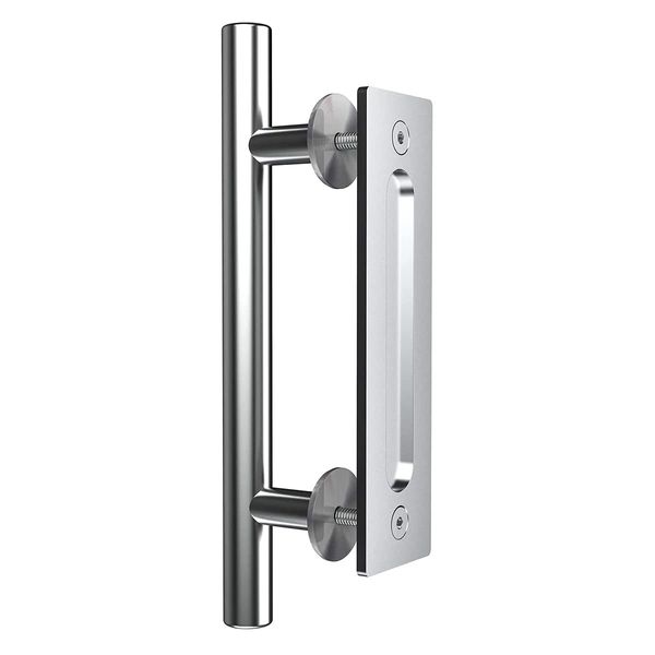 WOLFBIRD 24CM Sliding Barn Door Handle Stainless Steel Pull and Flush Set Two-Sided Silver
