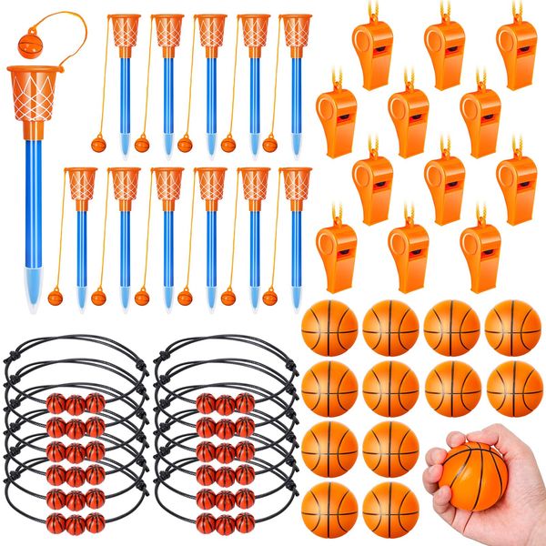 Whaline 48 Packs Basketball Party Favor Basketball Hoop Novelty Pens Mini Basketball Stress Balls Bracelet Whistles for School Classroom Reward Gift Sports Party Supply Decor