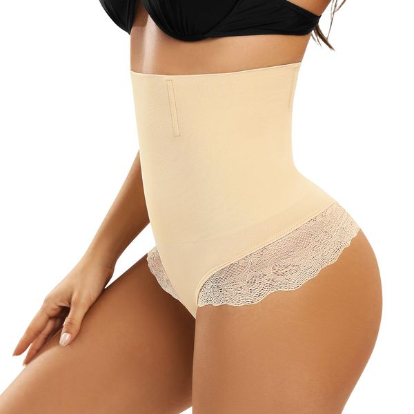 Vancavoo Bauch Weg Unterhosen Damen Bauchweg Unterhose Miederhose Tanga Shapewear Spitze High Waist Body Shaper Figurformende Unterwäsche,Beige,S