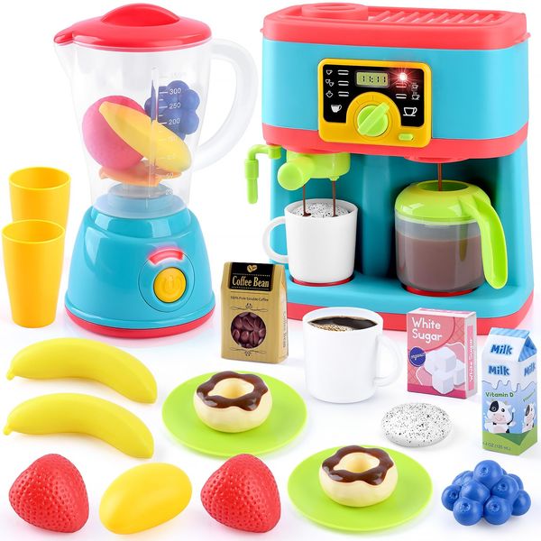 PLAY Kitchen Appliances Toys Set, Pretend Play Kids Kitchen Playset with Coffee Maker, Toy Blender and Play Foods, with Realistic Lights and Sounds, Play Kitchen Accessories Gift for Toddler Ages 3+